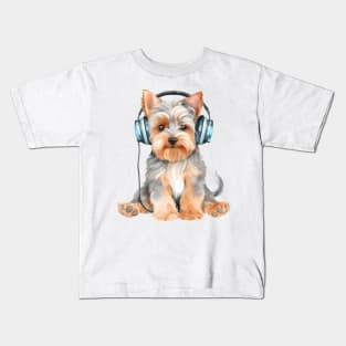 Watercolor Yorkshire Terrier Dog with Headphones Kids T-Shirt